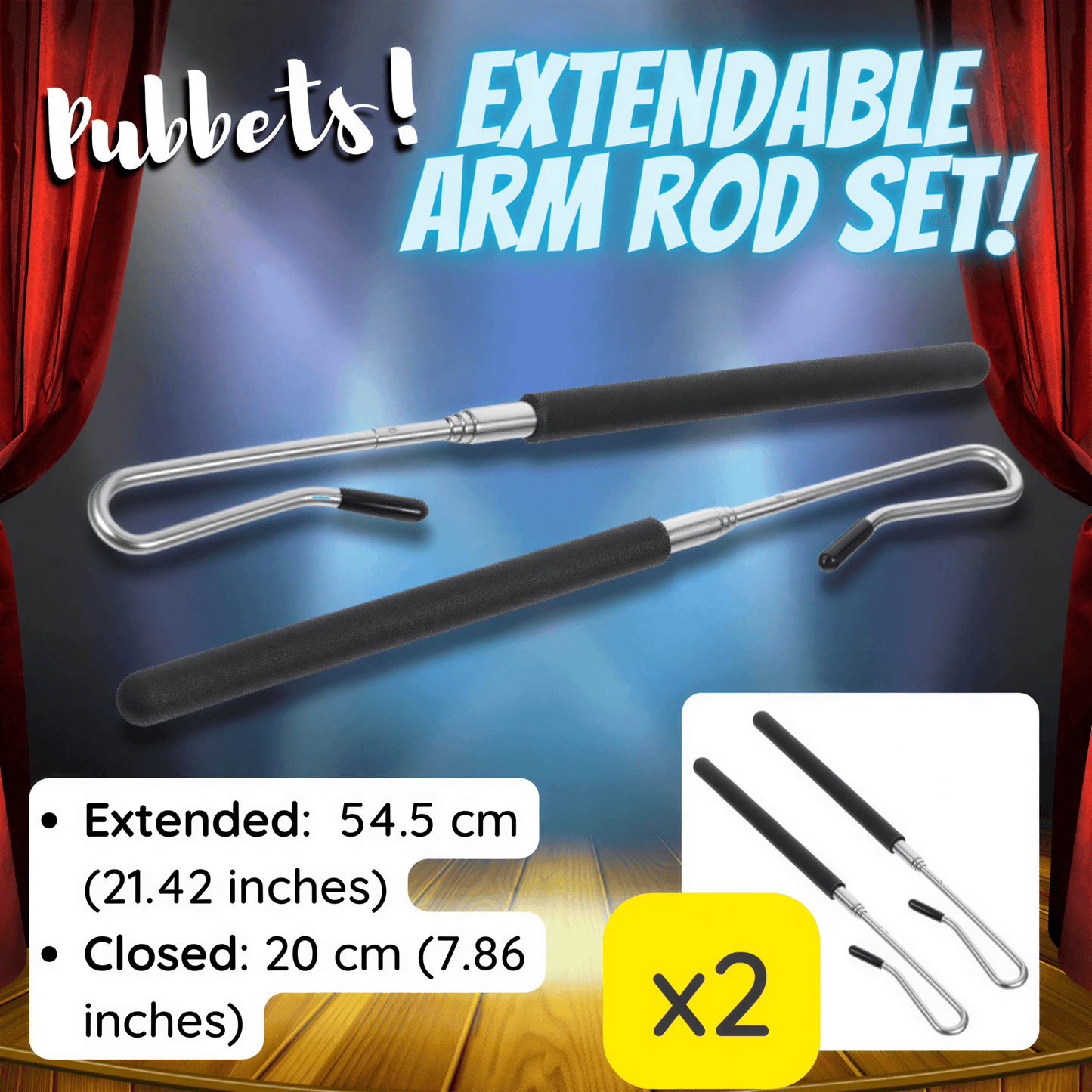 Extendable arm rod set with two rods, featuring black foam grips and silver metal hooks, shown against a stage backdrop.