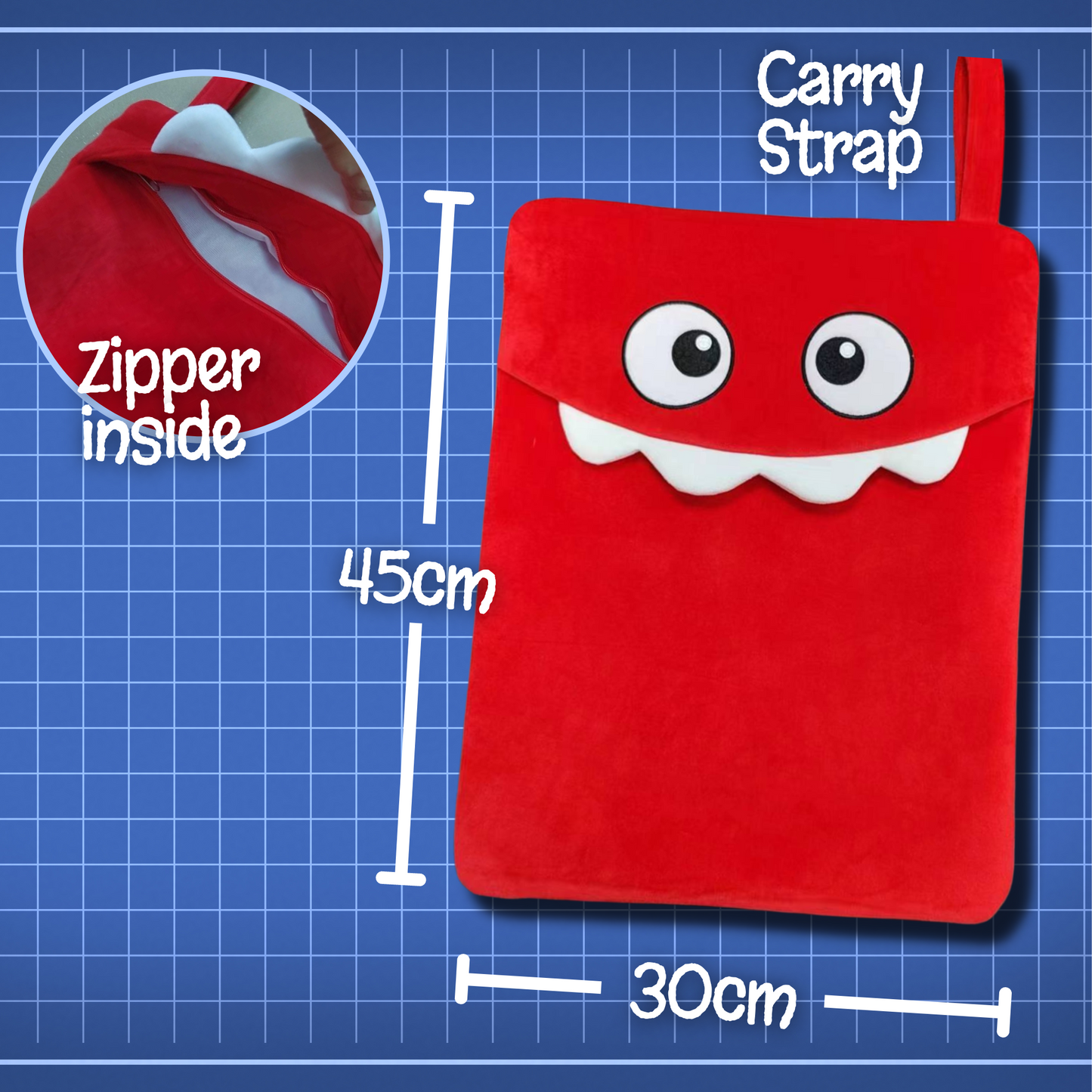 Goofy Monster Tote – Red Plush Storage Bag with Zipper & Strap (30x45cm)