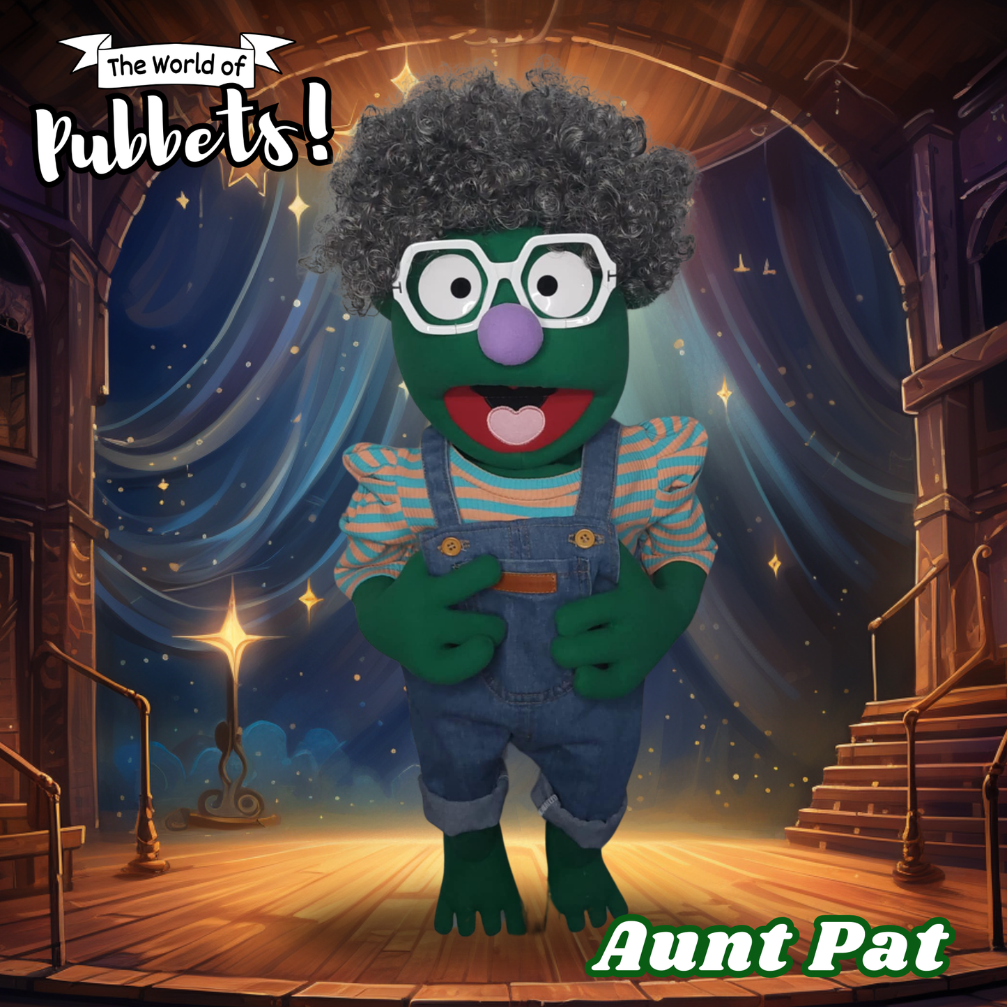 Aunt Pat – Green Full-Body Hand Puppet with Overalls & Barefoot Style | DHL Express Shipping Included