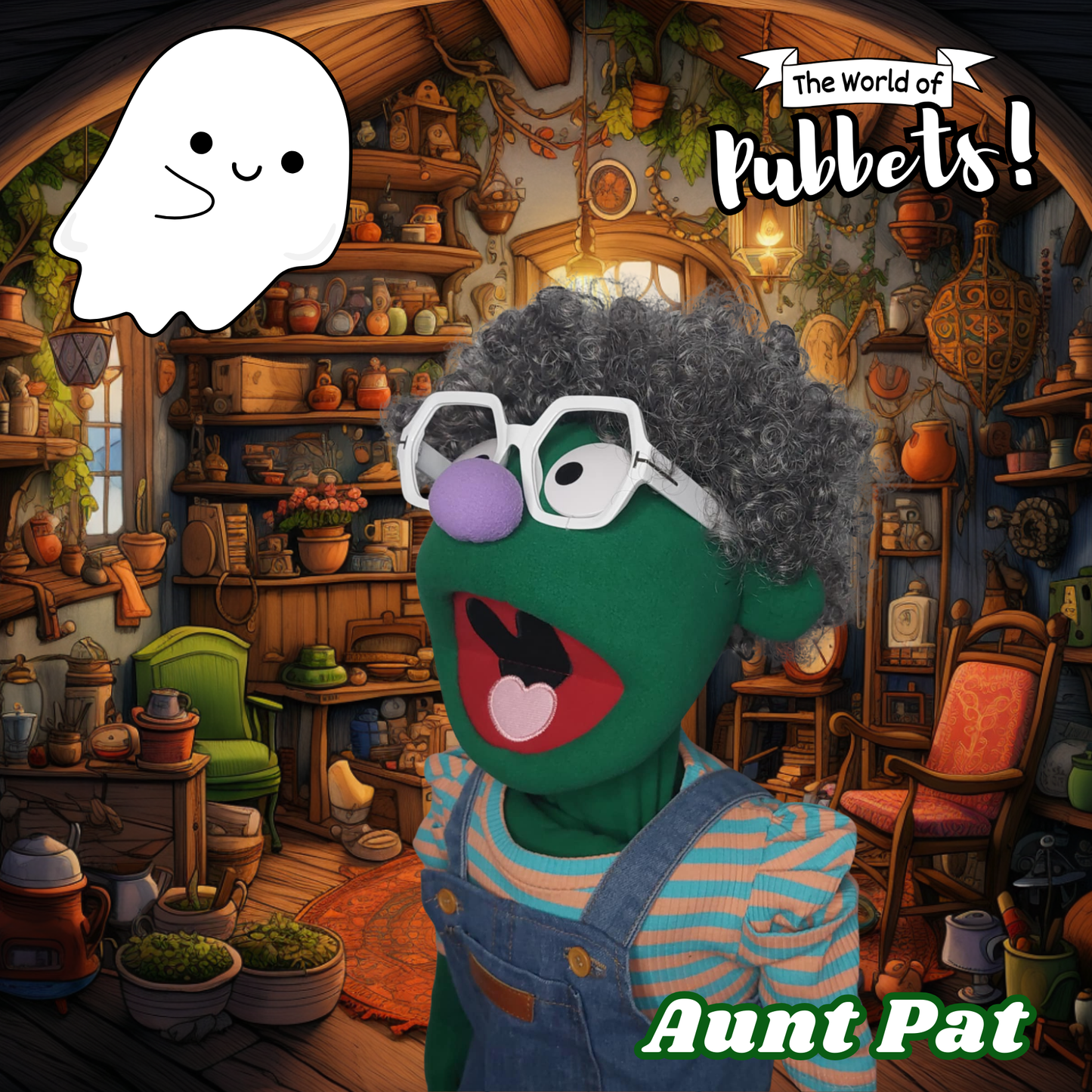 Aunt Pat – Green Full-Body Hand Puppet with Overalls & Barefoot Style | DHL Express Shipping Included