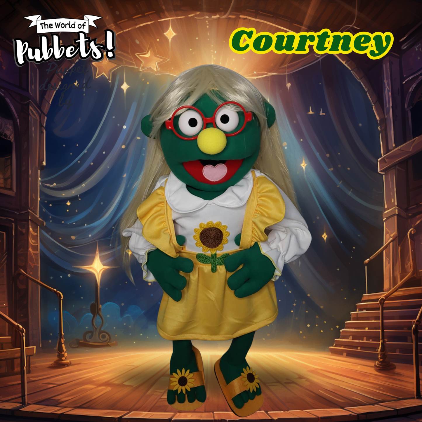 Courtney – Green Full-Body Hand Puppet with Blonde Wig & Sunflower Outfit | DHL Express Shipping Included!