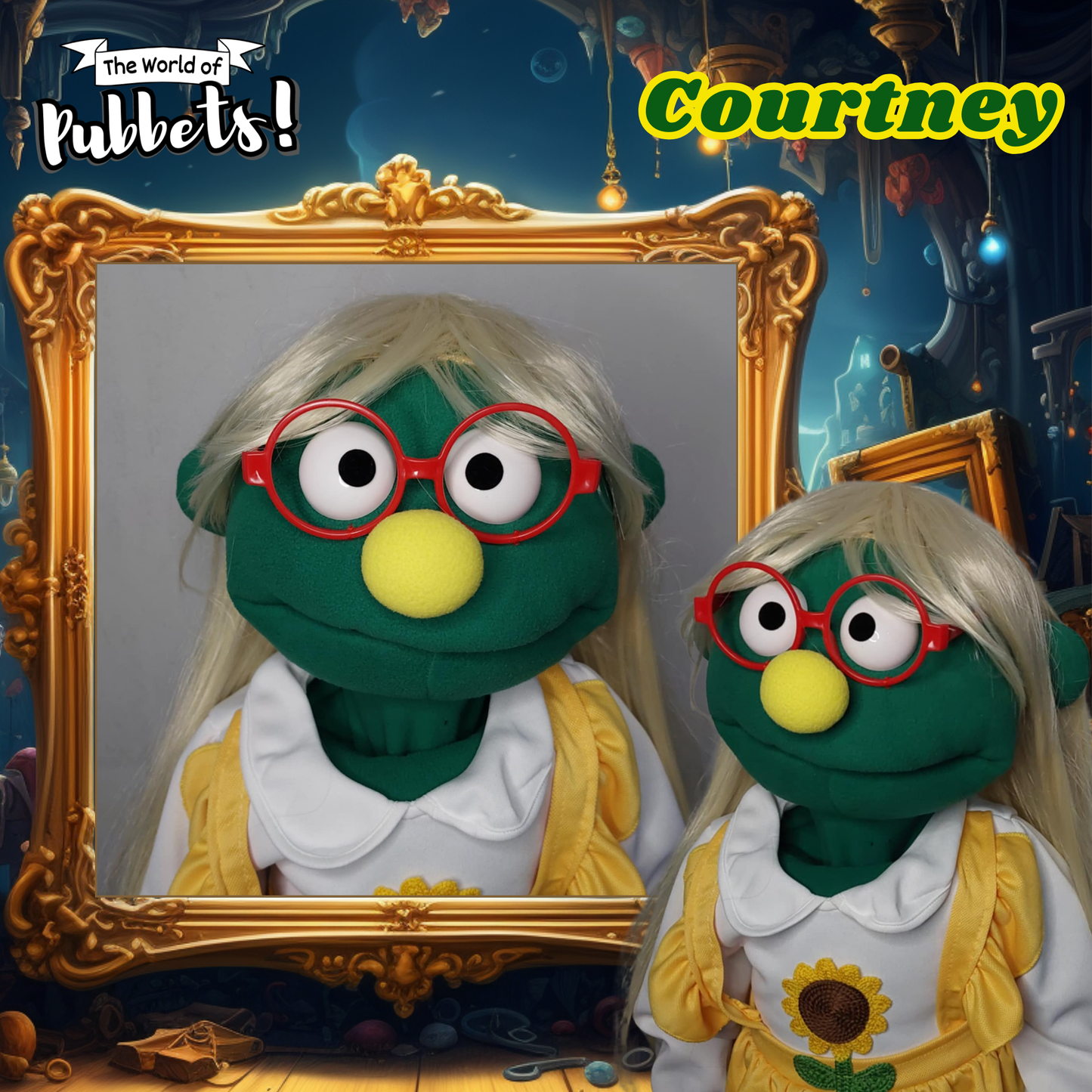 Courtney – Green Full-Body Hand Puppet with Blonde Wig & Sunflower Outfit | DHL Express Shipping Included!