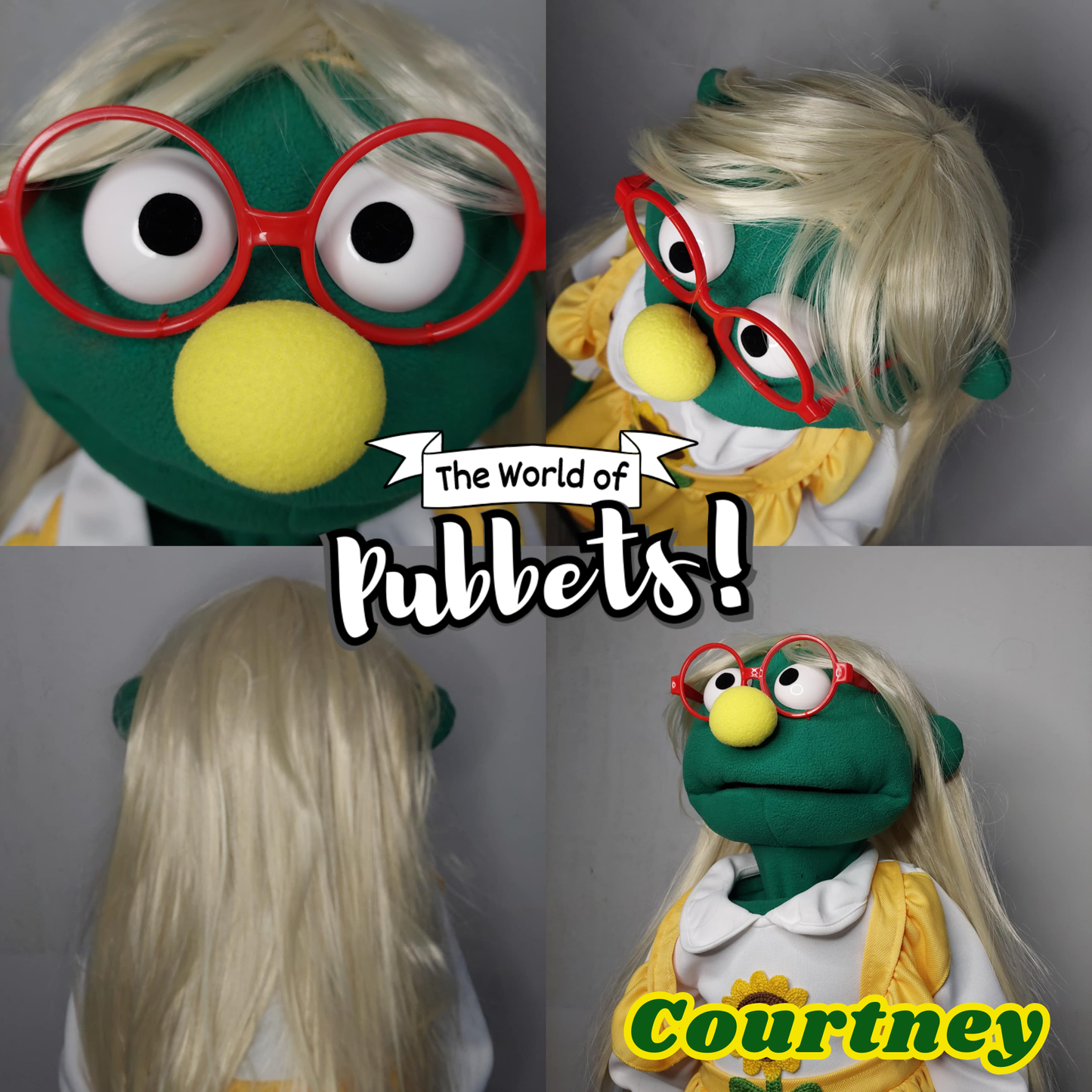 Courtney – Green Full-Body Hand Puppet with Blonde Wig & Sunflower Outfit | DHL Express Shipping Included!