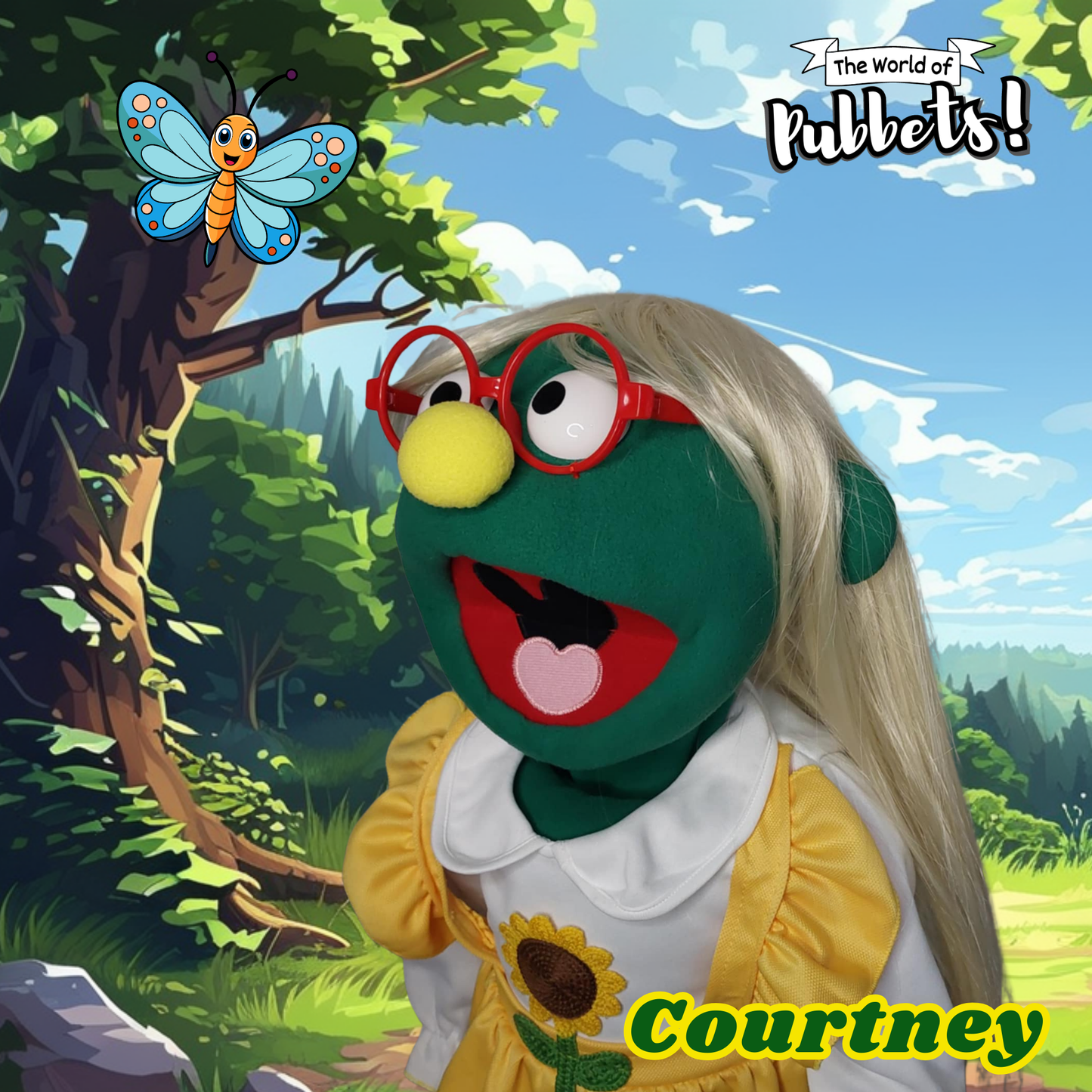 Courtney – Green Full-Body Hand Puppet with Blonde Wig & Sunflower Outfit | DHL Express Shipping Included!