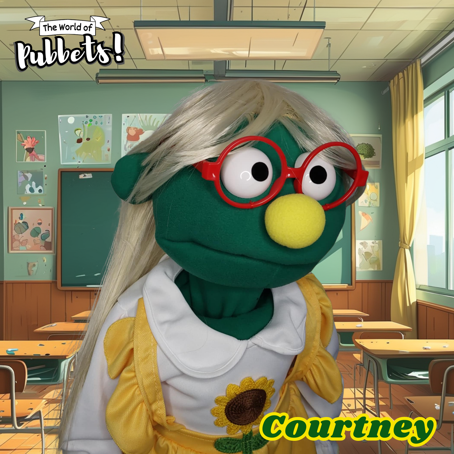 Courtney – Green Full-Body Hand Puppet with Blonde Wig & Sunflower Outfit | DHL Express Shipping Included!