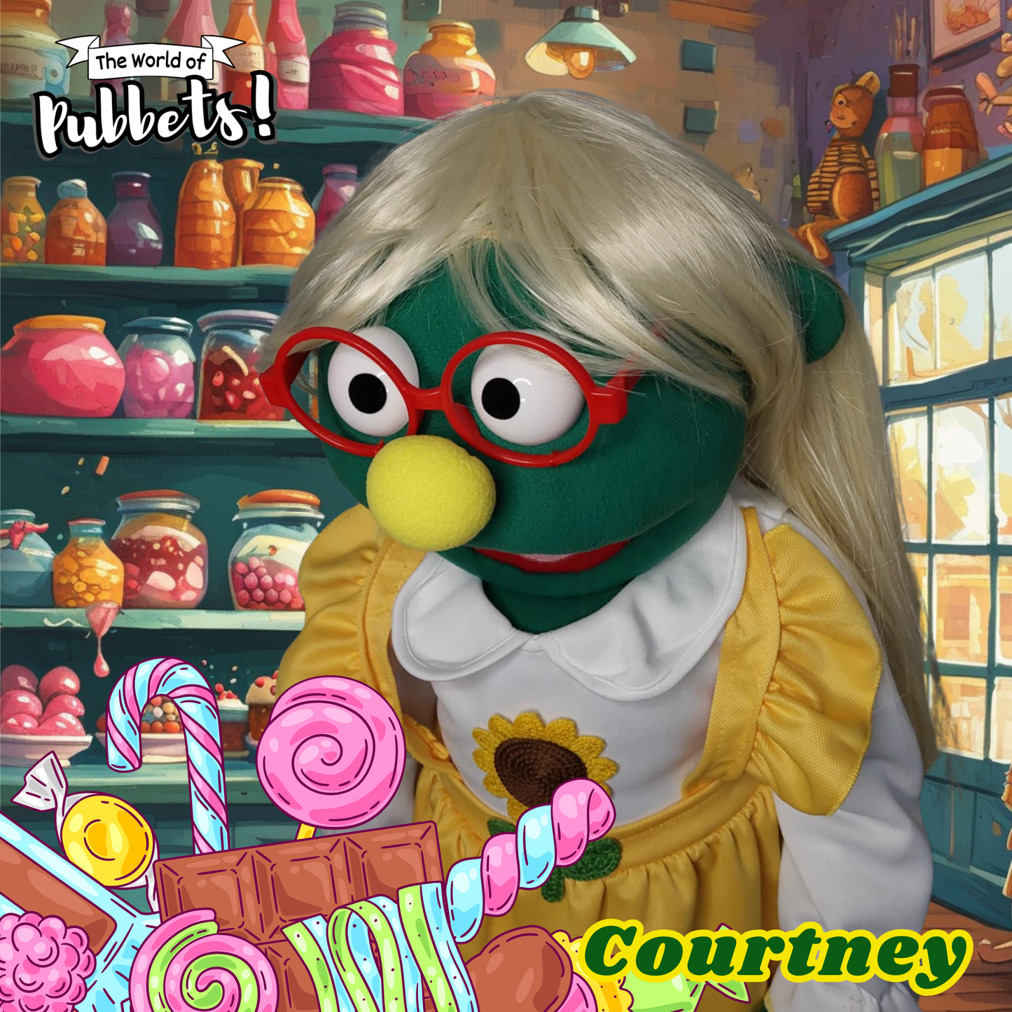 Courtney – Green Full-Body Hand Puppet with Blonde Wig & Sunflower Outfit | DHL Express Shipping Included!