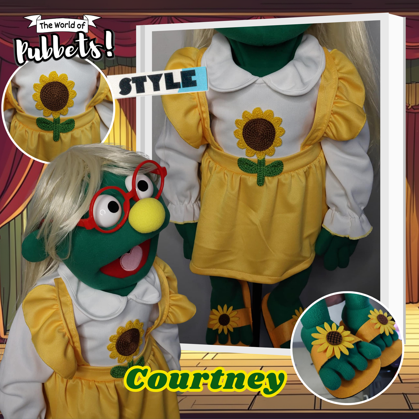 Courtney – Green Full-Body Hand Puppet with Blonde Wig & Sunflower Outfit | DHL Express Shipping Included!