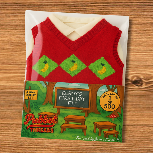 Red sweater vest with green accents on a wooden surface