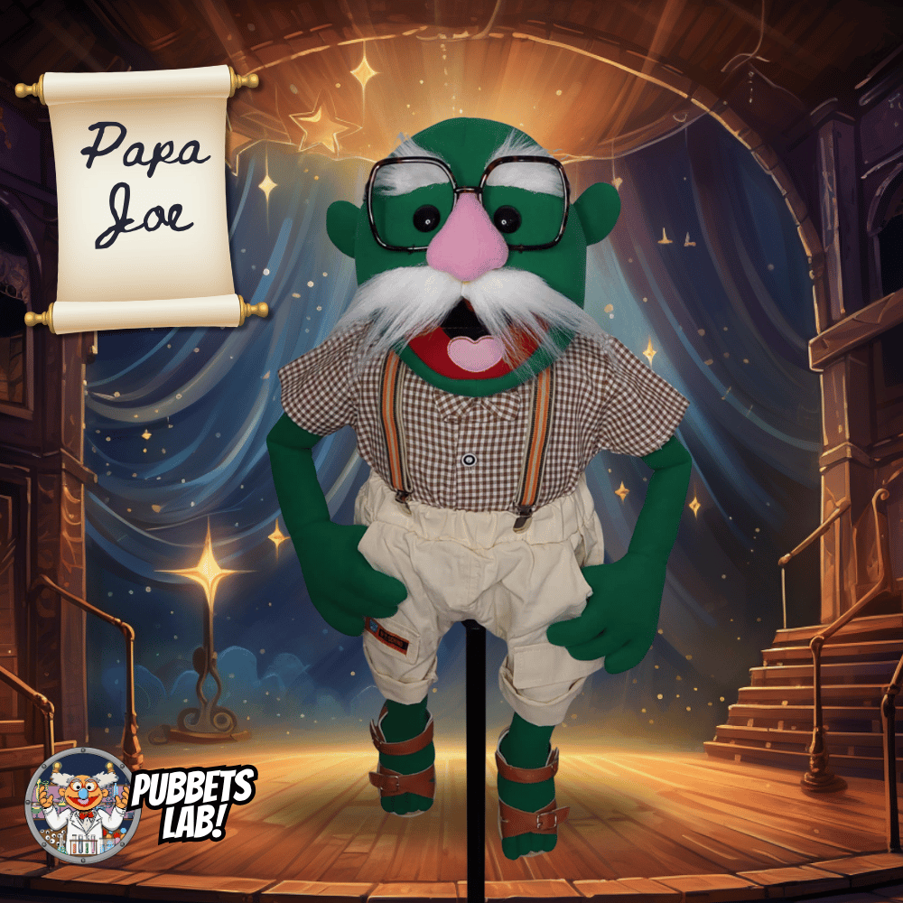 Papa Joe – Green Full-Body Hand Puppet with Moustache & Glasses | DHL Express Shipping Included