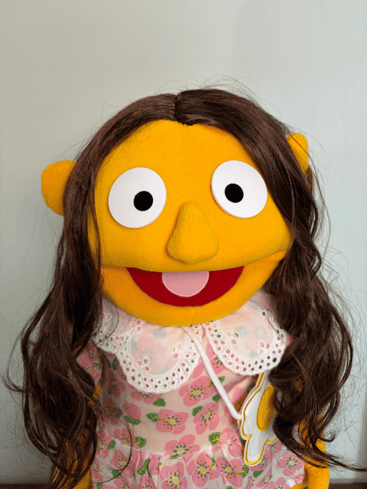 Poppy Pickles – Orange Girl Hand Puppet | Pink Floral Dress, Brown Hair & Daisy Bag | Pubbets Lab Original | 1 of 1