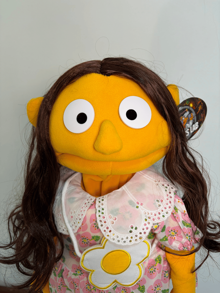 Poppy Pickles – Orange Girl Hand Puppet | Pink Floral Dress, Brown Hair & Daisy Bag | Pubbets Lab Original | 1 of 1