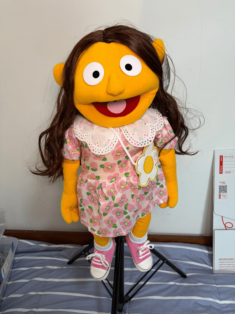 Poppy Pickles – Orange Girl Hand Puppet | Pink Floral Dress, Brown Hair & Daisy Bag | Pubbets Lab Original | 1 of 1