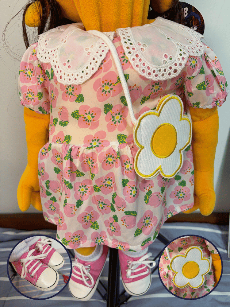 Poppy Pickles – Orange Girl Hand Puppet | Pink Floral Dress, Brown Hair & Daisy Bag | Pubbets Lab Original | 1 of 1