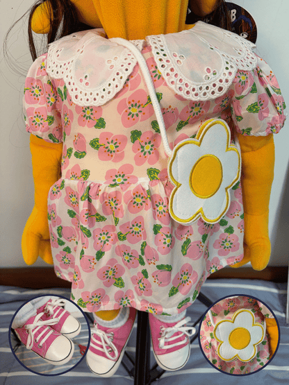 Poppy Pickles – Orange Girl Hand Puppet | Pink Floral Dress, Brown Hair & Daisy Bag | Pubbets Lab Original | 1 of 1