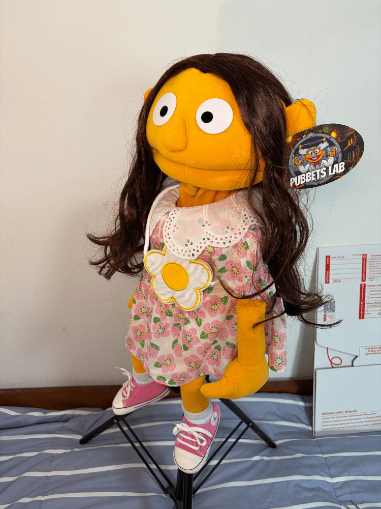 Poppy Pickles – Orange Girl Hand Puppet | Pink Floral Dress, Brown Hair & Daisy Bag | Pubbets Lab Original | 1 of 1