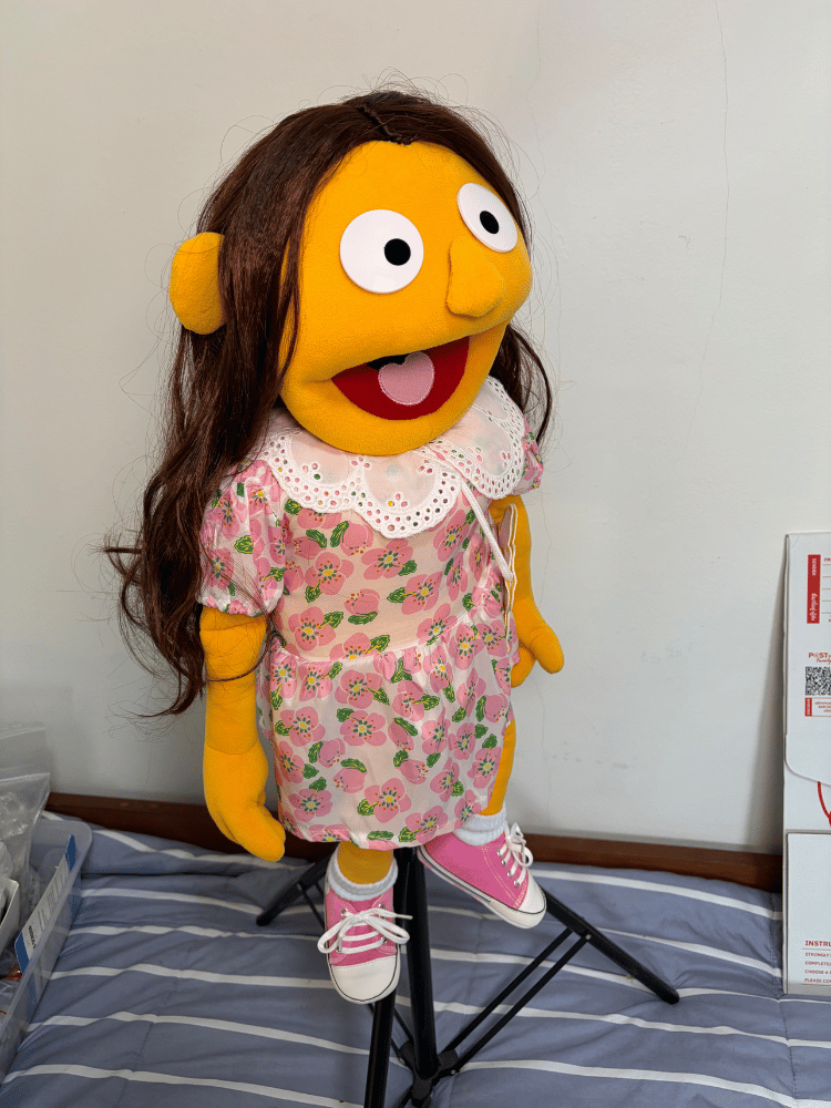 Poppy Pickles – Orange Girl Hand Puppet | Pink Floral Dress, Brown Hair & Daisy Bag | Pubbets Lab Original | 1 of 1