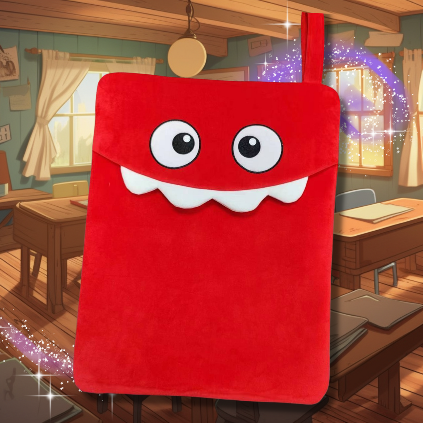 Goofy Monster Tote – Red Plush Storage Bag with Zipper & Strap (30x45cm)