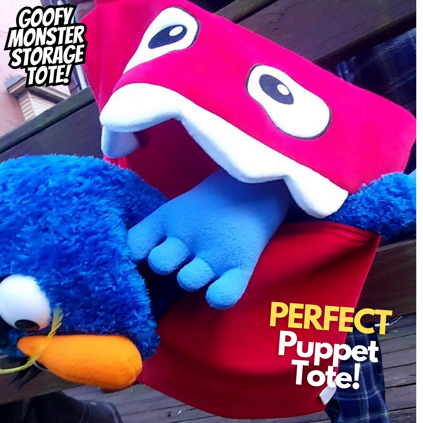 Goofy Monster Tote – Red Plush Storage Bag with Zipper & Strap (30x45cm)