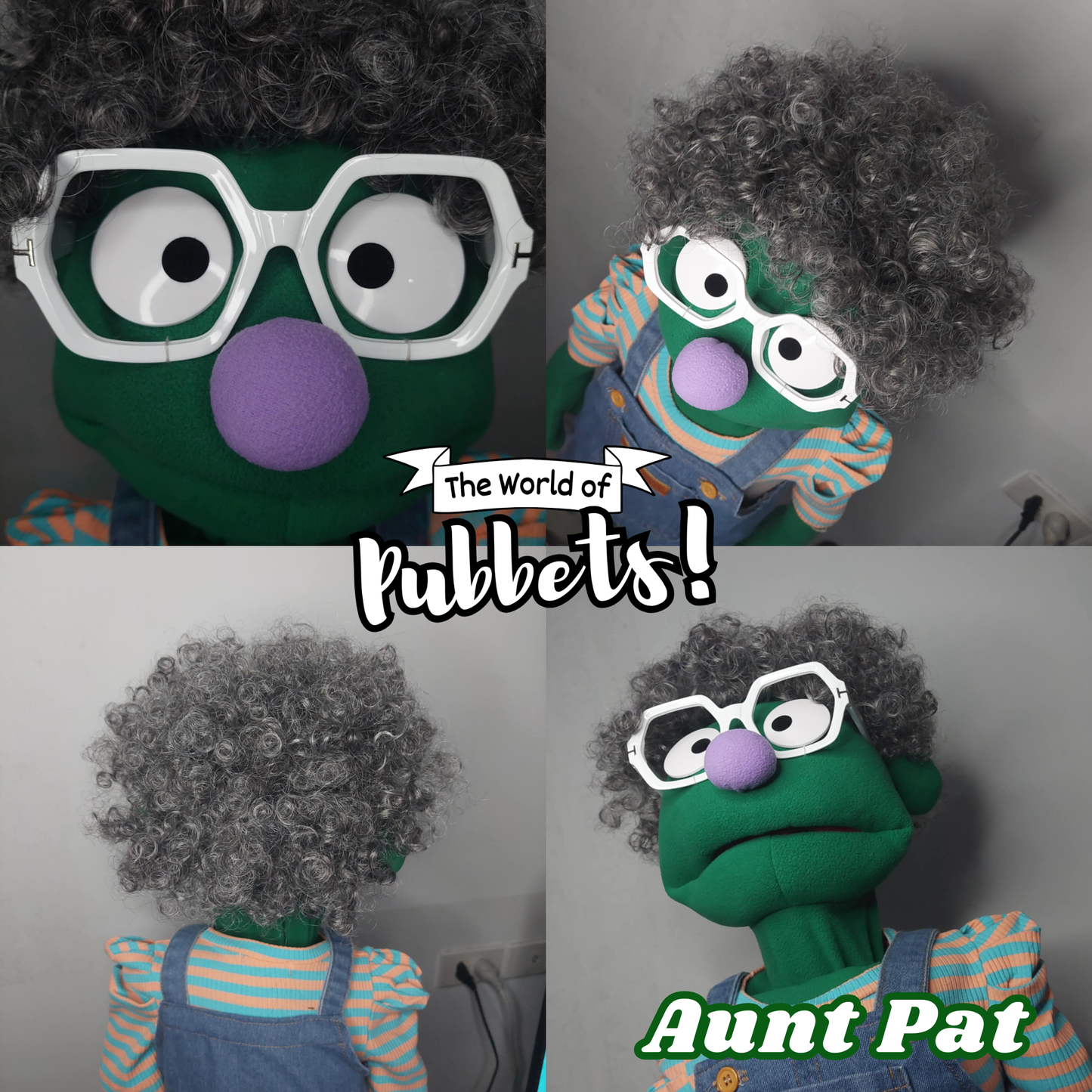 Aunt Pat – Green Full-Body Hand Puppet with Overalls & Barefoot Style | DHL Express Shipping Included