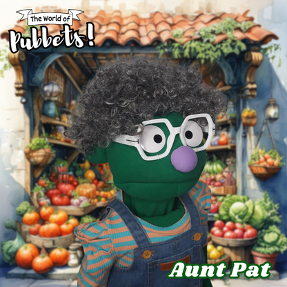 Aunt Pat – Green Full-Body Hand Puppet with Overalls & Barefoot Style | DHL Express Shipping Included