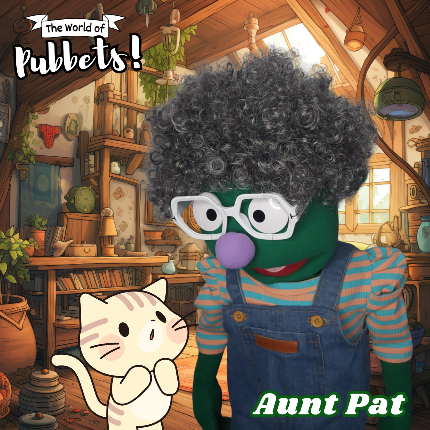 Aunt Pat – Green Full-Body Hand Puppet with Overalls & Barefoot Style | DHL Express Shipping Included