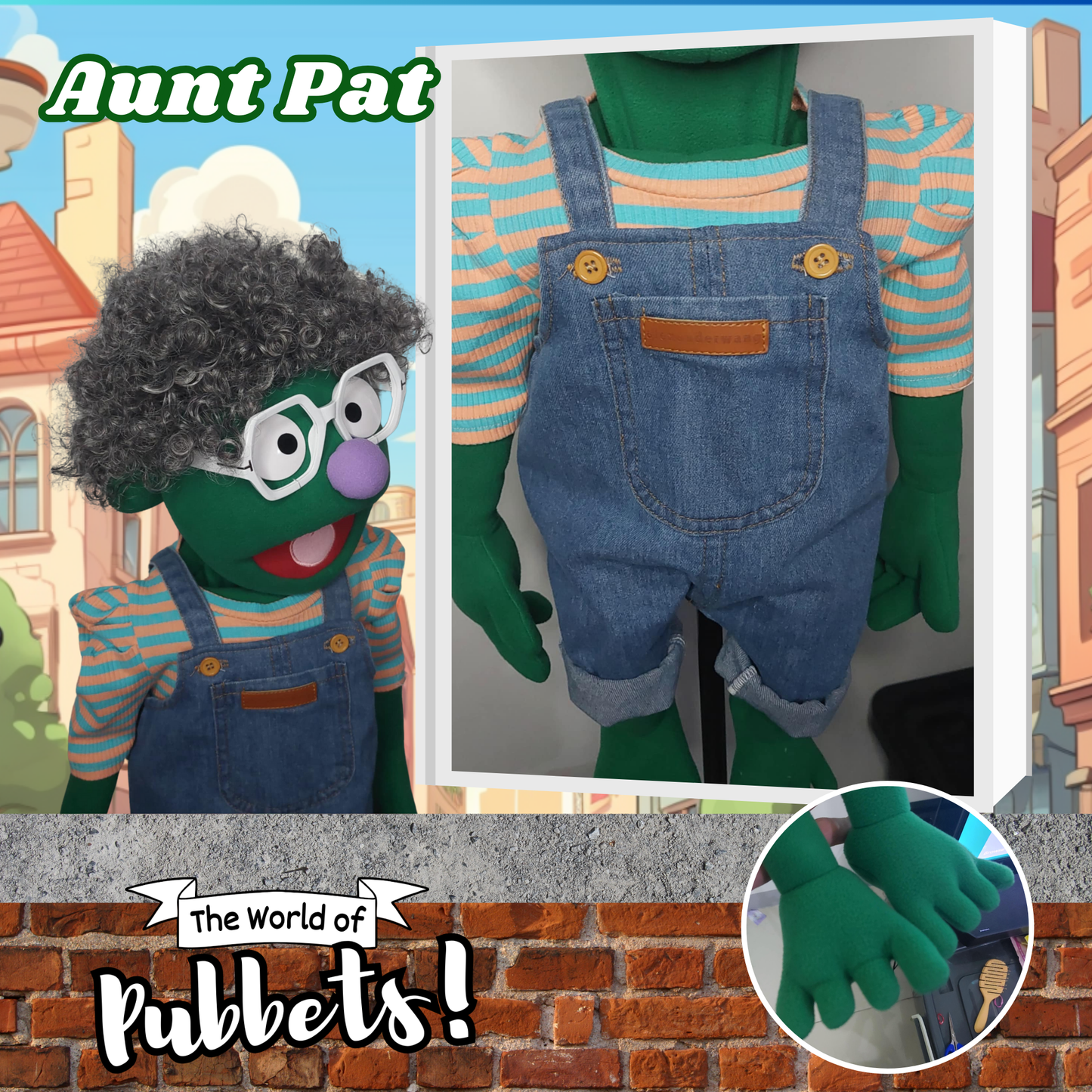 Aunt Pat – Green Full-Body Hand Puppet with Overalls & Barefoot Style | DHL Express Shipping Included