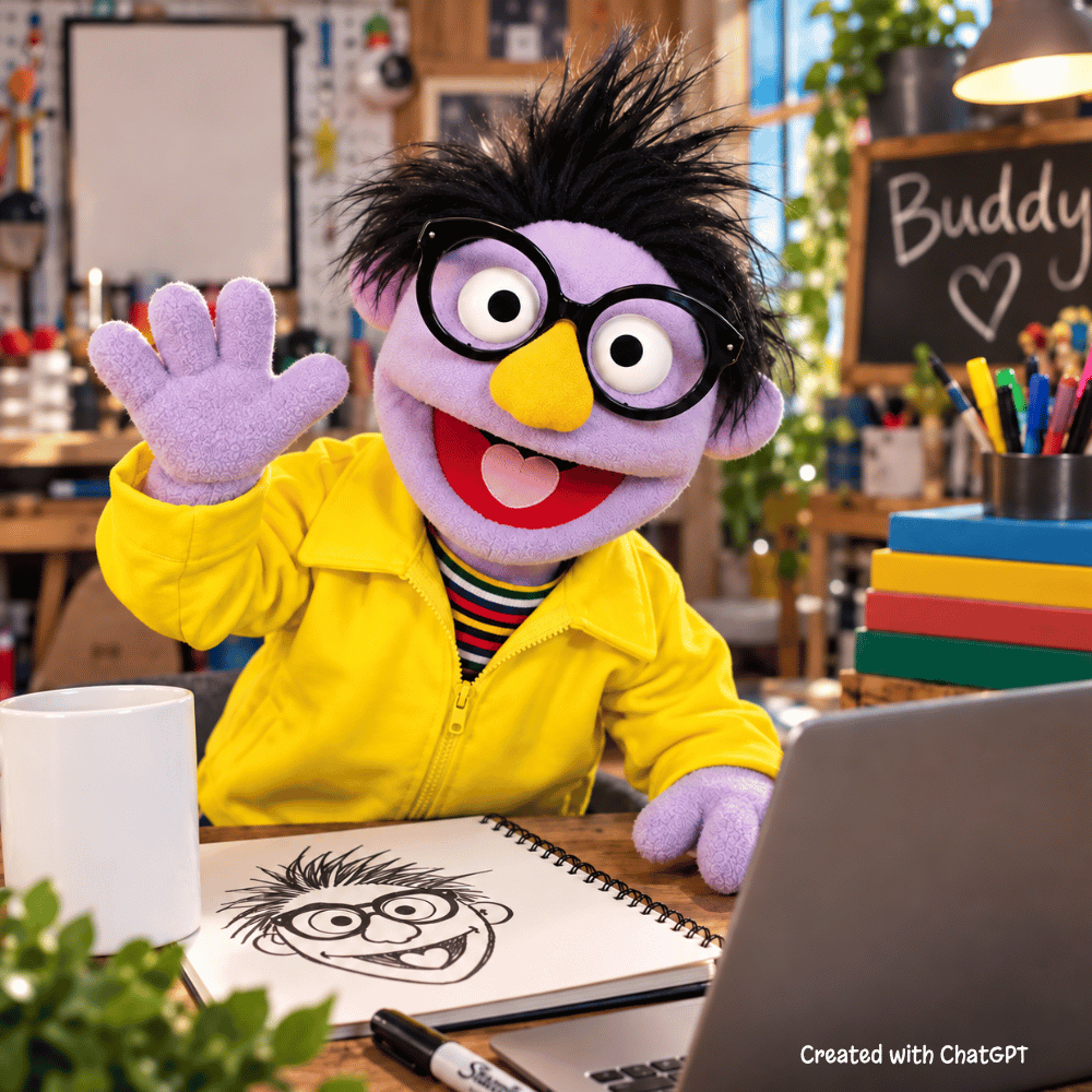 Buddy – Purple Guy Hand Puppet | Yellow Jacket, Glasses & Wild Hair | Pubbets Premium Original | 1 of 1