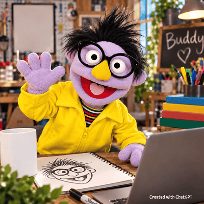 Buddy – Purple Guy Hand Puppet | Yellow Jacket, Glasses & Wild Hair | Pubbets Premium Original | 1 of 1