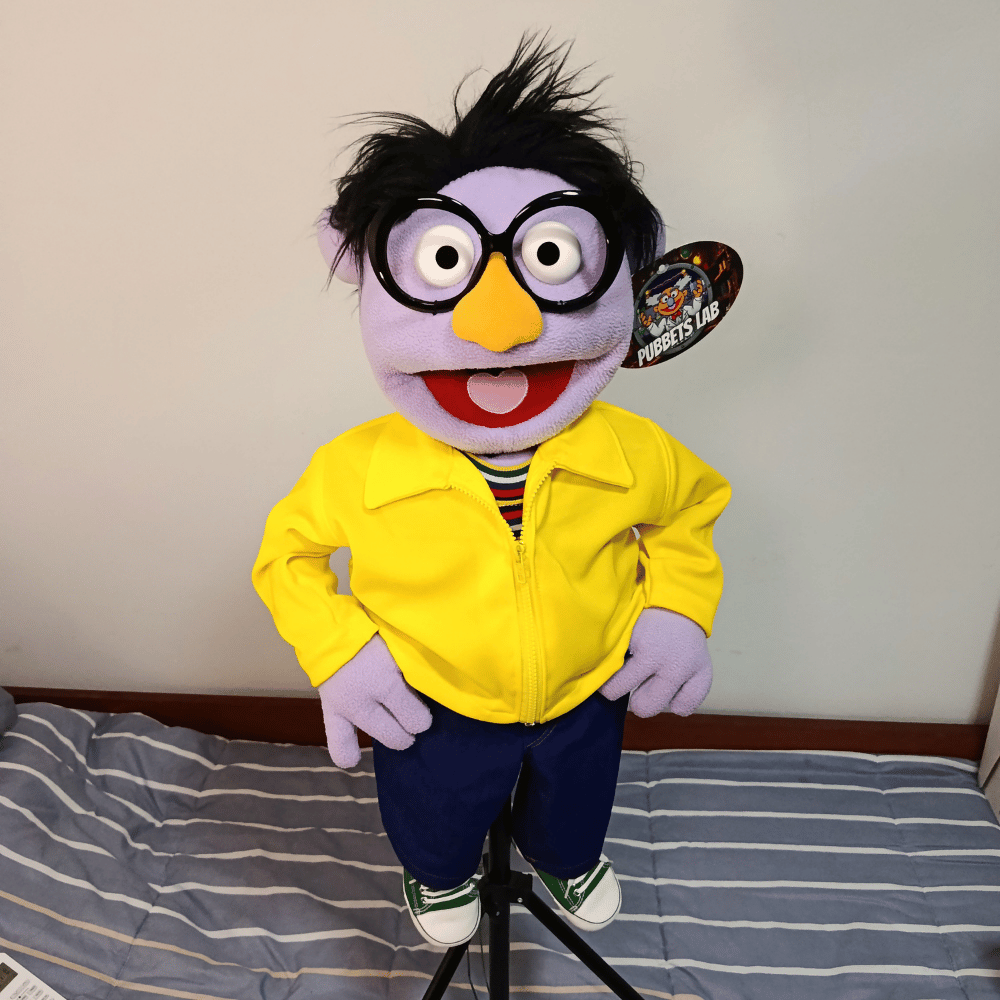Buddy – Purple Guy Hand Puppet | Yellow Jacket, Glasses & Wild Hair | Pubbets Premium Original | 1 of 1