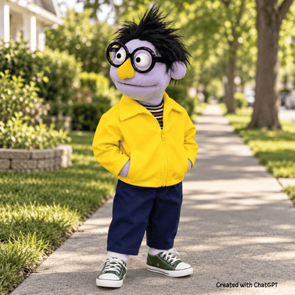 Buddy – Purple Guy Hand Puppet | Yellow Jacket, Glasses & Wild Hair | Pubbets Premium Original | 1 of 1