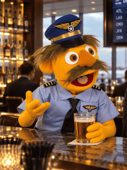 Captain Hank Flyhardt – Orange Pilot Hand Puppet | Uniform, Tie & Moustache | Pubbets Lab Original | 1 of 1