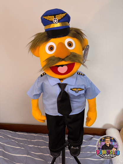 Captain Hank Flyhardt – Orange Pilot Hand Puppet | Uniform, Tie & Moustache | Pubbets Lab Original | 1 of 1