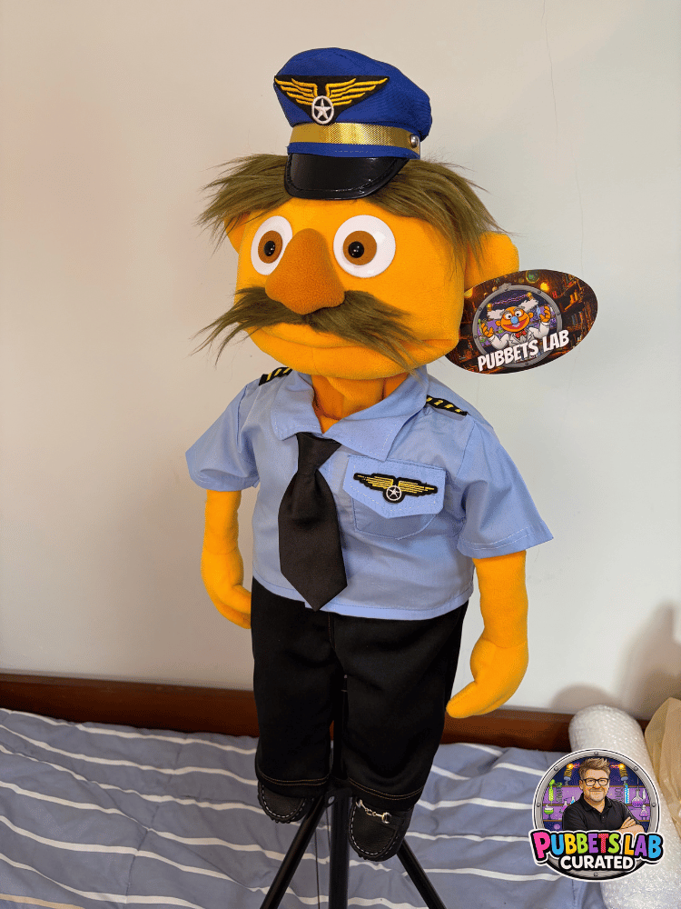Captain Hank Flyhardt – Orange Pilot Hand Puppet | Uniform, Tie & Moustache | Pubbets Lab Original | 1 of 1