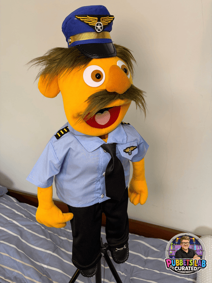 Captain Hank Flyhardt – Orange Pilot Hand Puppet | Uniform, Tie & Moustache | Pubbets Lab Original | 1 of 1