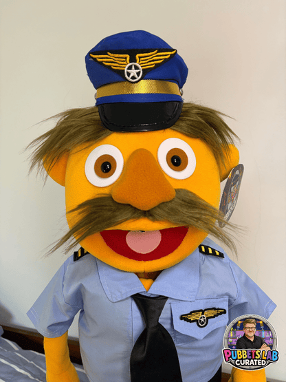 Captain Hank Flyhardt – Orange Pilot Hand Puppet | Uniform, Tie & Moustache | Pubbets Lab Original | 1 of 1