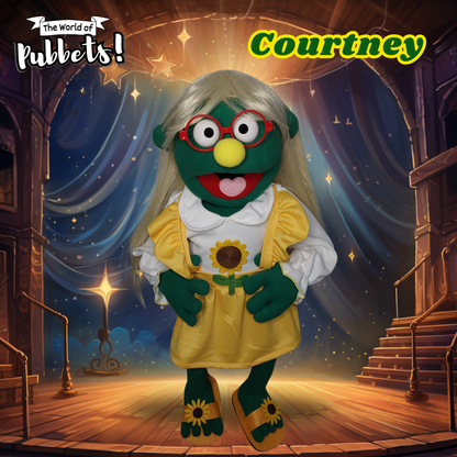 Courtney – Green Full-Body Hand Puppet with Blonde Wig & Sunflower Outfit | DHL Express Shipping Included!