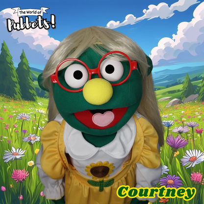 Courtney – Green Full-Body Hand Puppet with Blonde Wig & Sunflower Outfit | DHL Express Shipping Included!