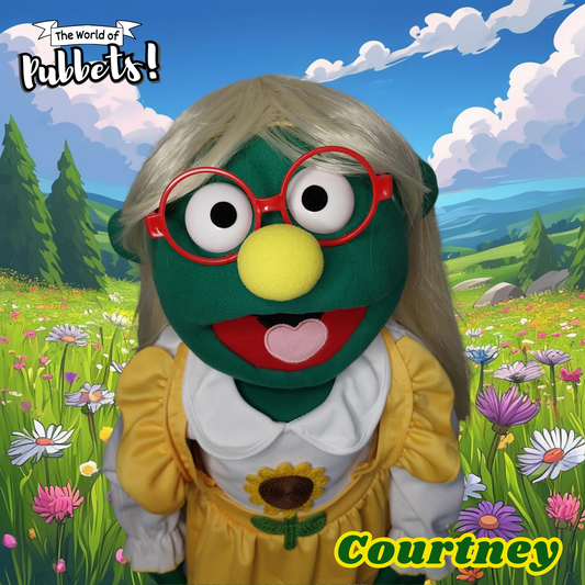 Courtney – Green Full-Body Hand Puppet with Blonde Wig & Sunflower Outfit | DHL Express Shipping Included!