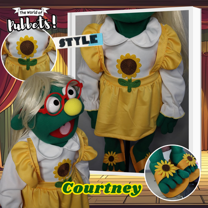 Courtney – Green Full-Body Hand Puppet with Blonde Wig & Sunflower Outfit | DHL Express Shipping Included!