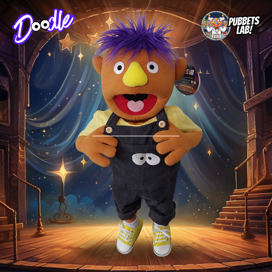 Doodle - Premium Brown 30"/80cm Full-Body Boy Puppet with Overalls Outfit & Carry Bag