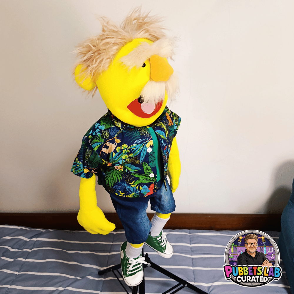 Fergus | Full-Body Yellow Grandpa Character Hand Puppet (1 of 1) with Outfit