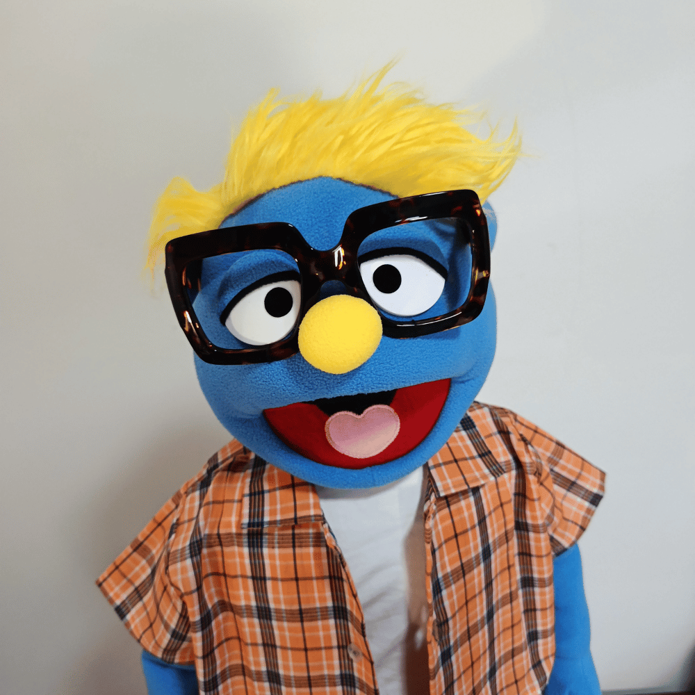 Fred| Full-BodyBlue Guy Character Hand Puppet (1 of 1) with Bespoke Outfit