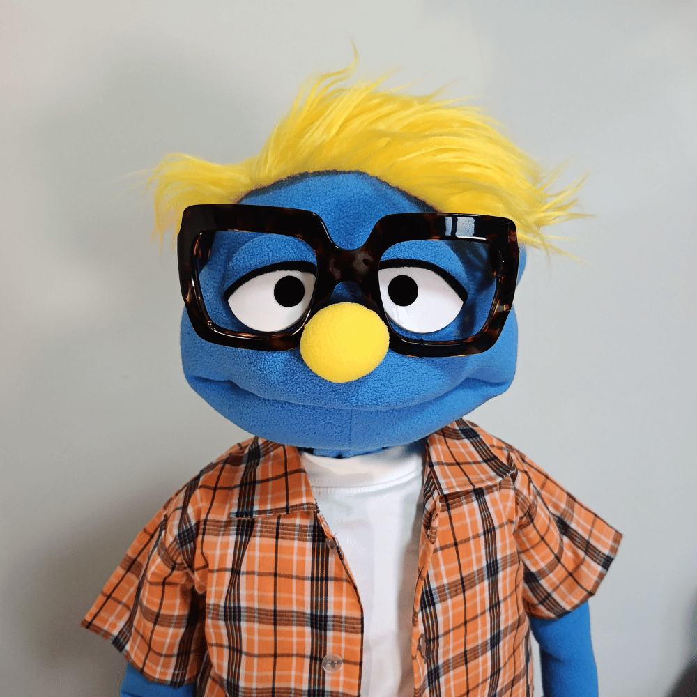 Fred| Full-BodyBlue Guy Character Hand Puppet (1 of 1) with Bespoke Outfit