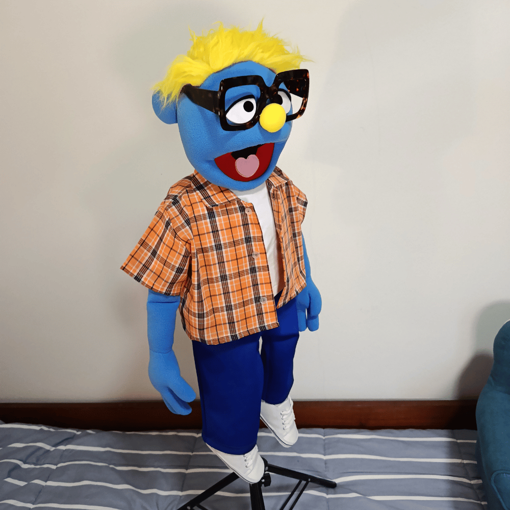 Fred| Full-BodyBlue Guy Character Hand Puppet (1 of 1) with Bespoke Outfit