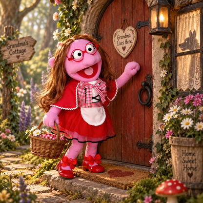 Sharon Riding Hood – Pink Girl Hand Puppet | Red Riding Hood Outfit, Wavy Brown Hair & Red Glasses | Pubbets Lab Original | 1 of 1