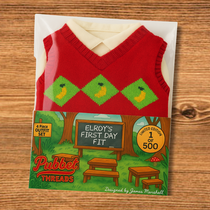 Red sweater vest with green accents on a wooden surface