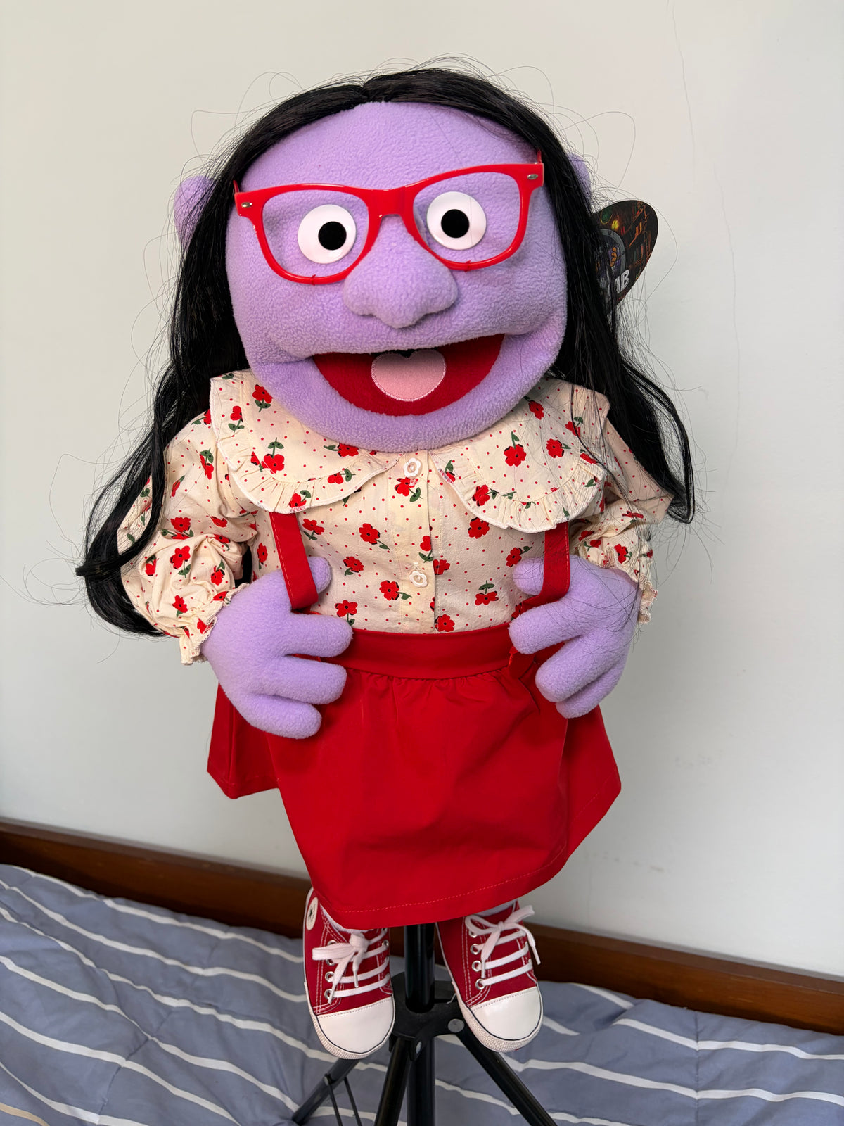 Dottie Bloom – Purple Girl Hand Puppet | Floral Blouse, Red Skirt & Black Hair | Pubbets Lab Original | 1 of 1