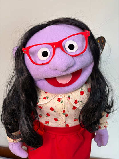 Dottie Bloom – Purple Girl Hand Puppet | Floral Blouse, Red Skirt & Black Hair | Pubbets Lab Original | 1 of 1