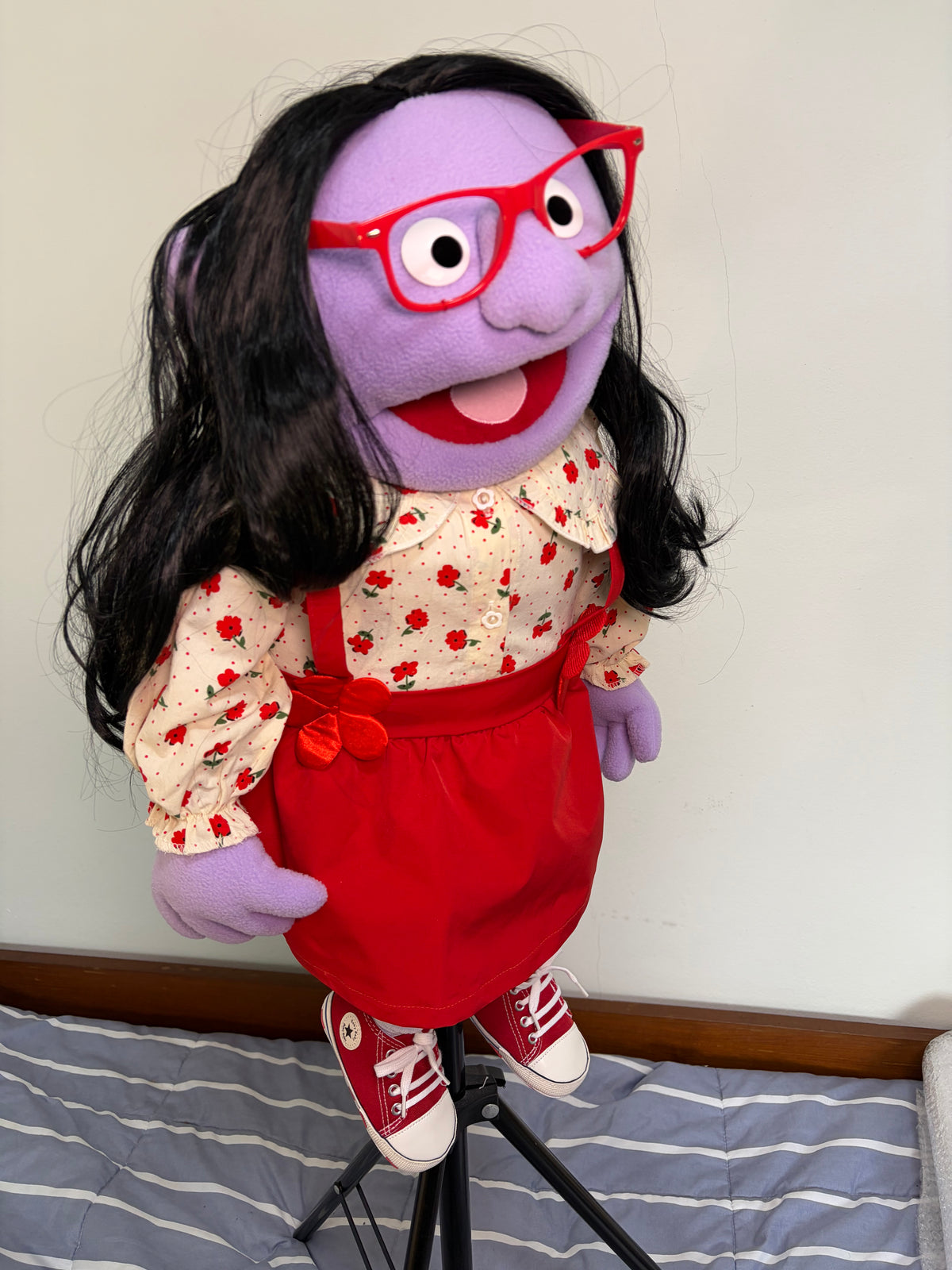 Dottie Bloom – Purple Girl Hand Puppet | Floral Blouse, Red Skirt & Black Hair | Pubbets Lab Original | 1 of 1