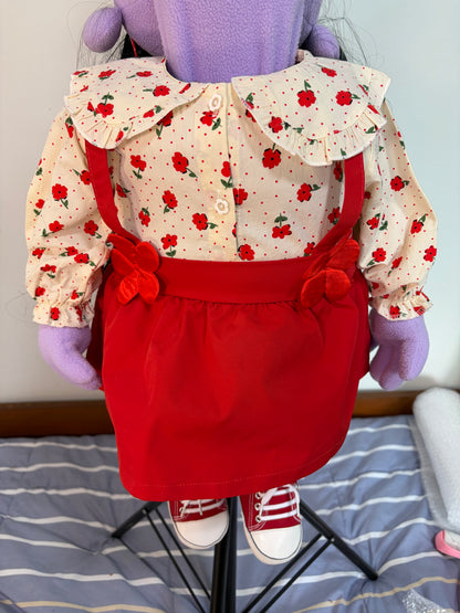 Dottie Bloom – Purple Girl Hand Puppet | Floral Blouse, Red Skirt & Black Hair | Pubbets Lab Original | 1 of 1